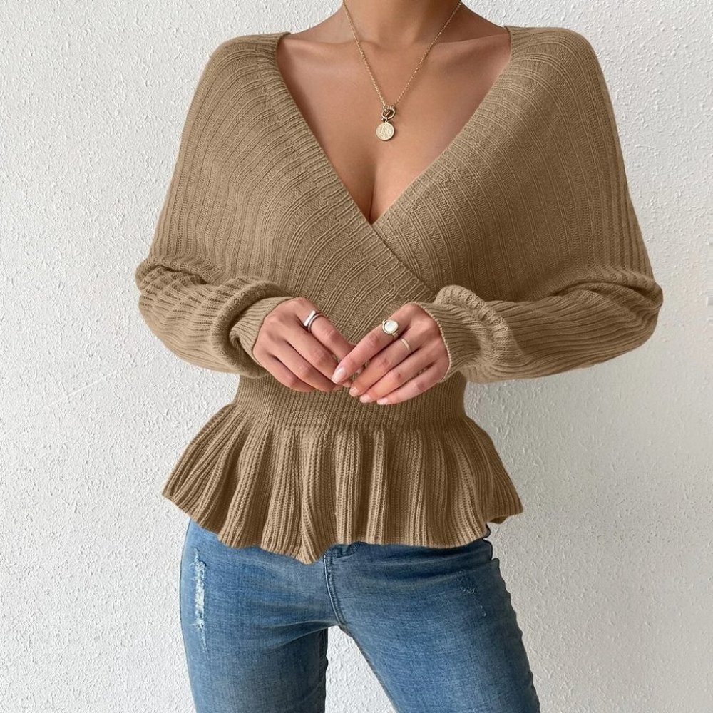 Khaki Preppy Womens Peplum Sweater - Picture 4 of 5
